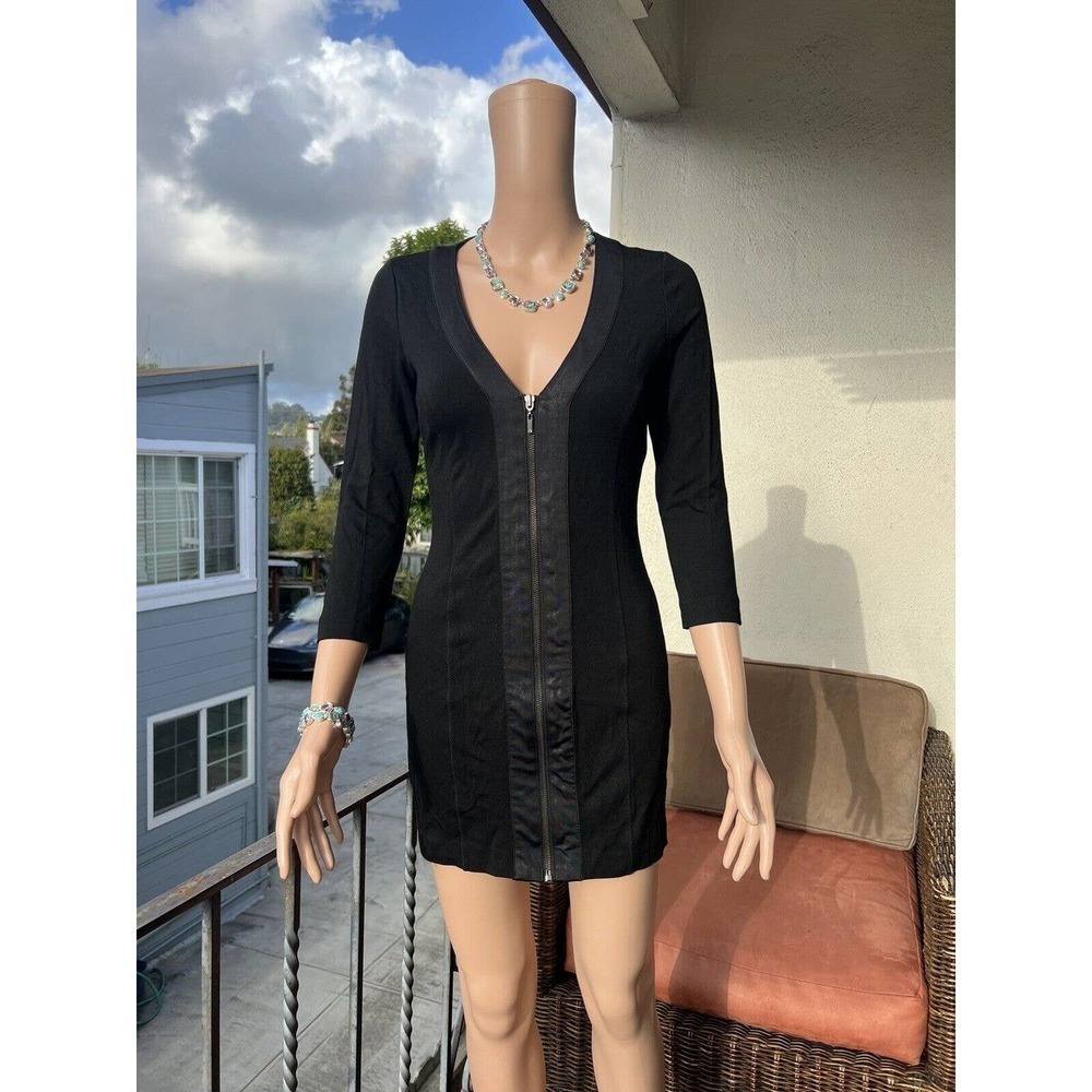 Bebe Black Lace Mini Dress Long Sleeve Deep V Neck Stretch Bodycon Size S